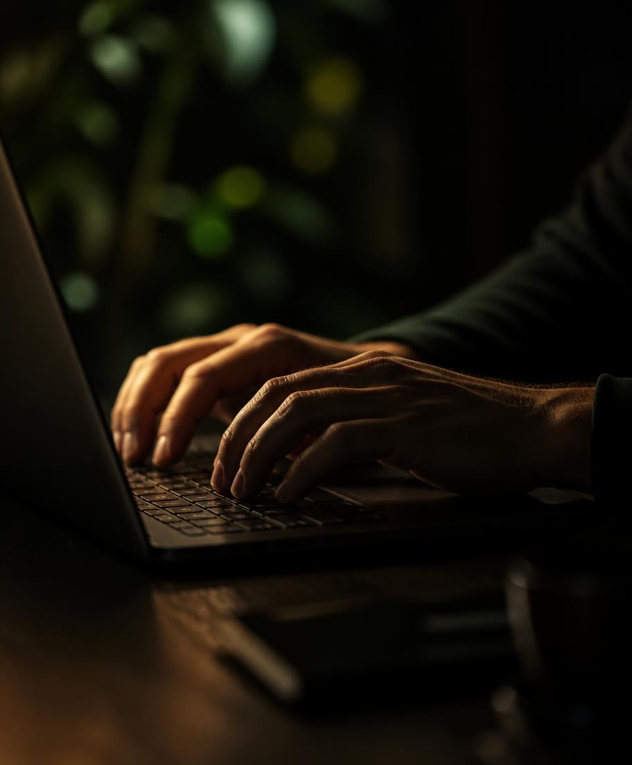 Hands typing on a laptop in a dark room lit by warm light